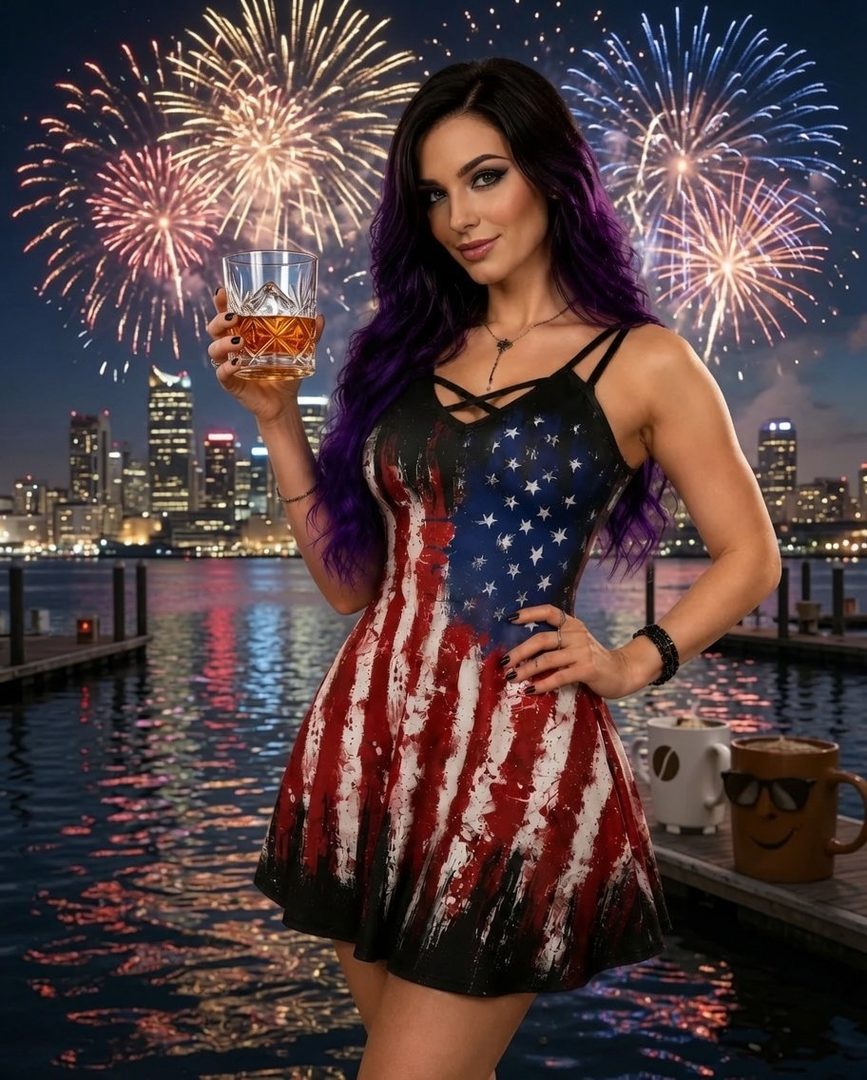 A woman with purple hair wearing a patriotic American flag dress holds a glass of whiskey while fireworks explode behind her over a city skyline.