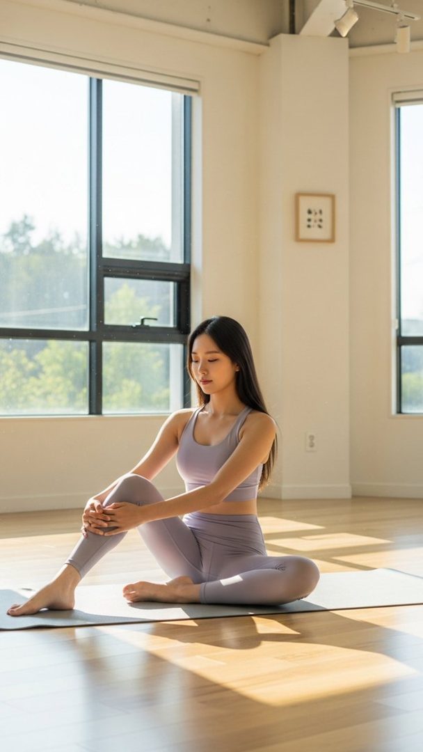 A young Korean woman with long black hair sits on a yoga mat in a bright studio, wearing a light purple sports bra and leggings.