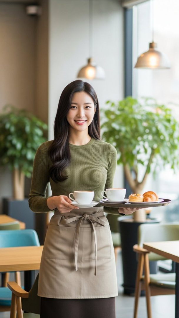A young Korean woman in a green sweater and apron smiles while holding a tray with two coffees and pastries in a cafe.