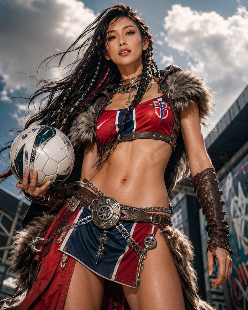 A striking AI-generated portrait of a woman dressed as a Viking warrior, holding a soccer ball, with a dramatic sky in the background.
