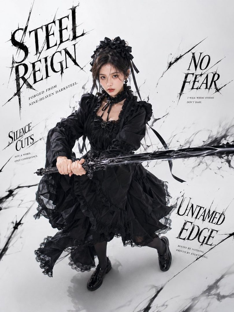 A young woman in a black gothic dress holds a sword, posing in a studio with dramatic text overlays.