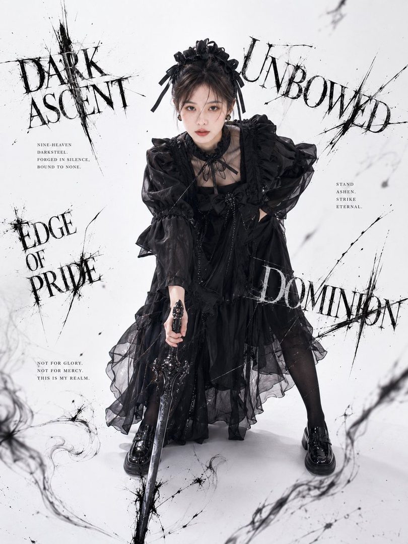 A young East Asian woman in a black gothic dress holds a sword, posing in a studio with dramatic text overlays.