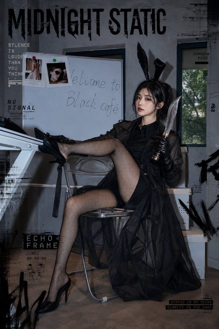 A woman with black bunny ears and a black sheer dress holds a knife while sitting on a chair in a dark room with text overlays.