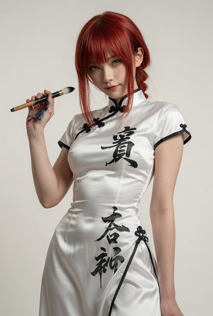 A photorealistic portrait of a young East Asian woman with vibrant red hair, wearing a white qipao-style dress and holding a calligraphy brush, in a studio setting.
