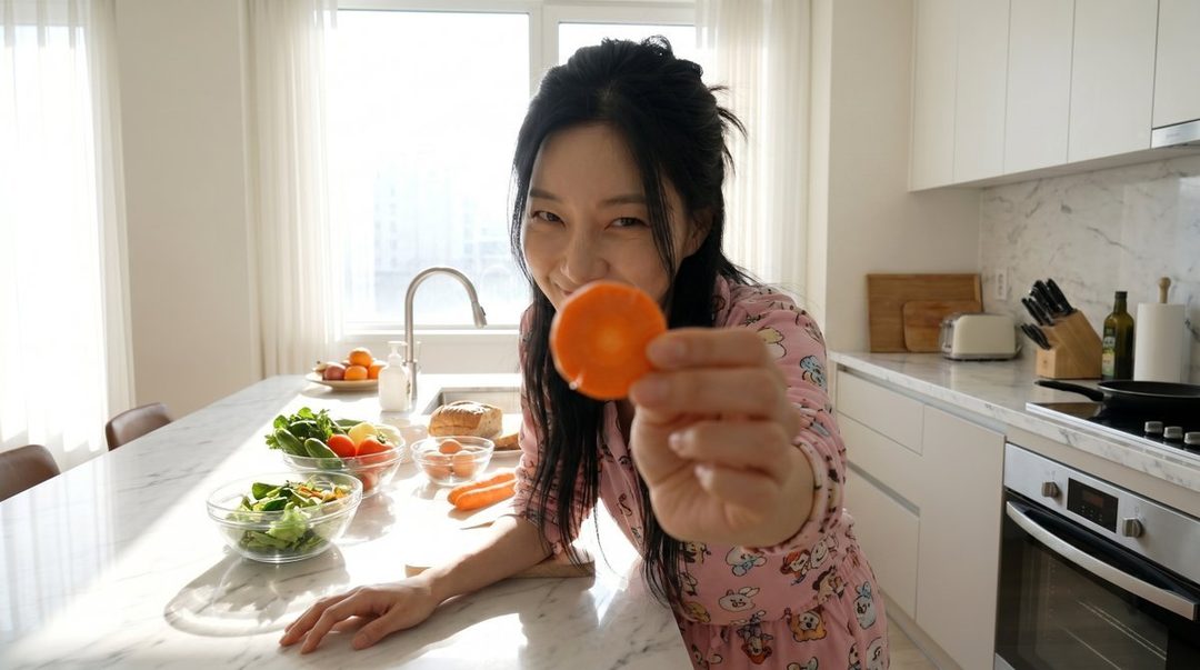 A young East Asian woman in pajamas smiles while holding a slice of carrot in a bright, modern kitchen.