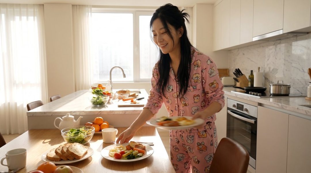 A young woman in pink pajamas with cartoon characters smiles as she prepares breakfast in a bright, modern kitchen.