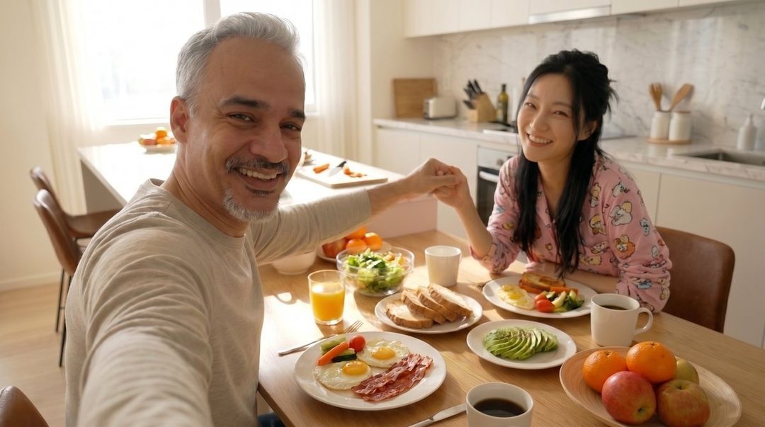 A man and a woman are holding hands across a breakfast table, smiling at the camera.