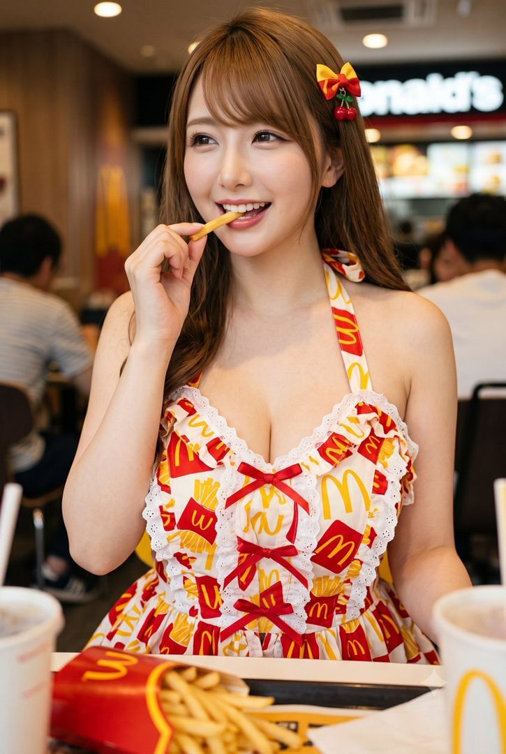 A young woman in a McDonald's-themed dress eats french fries in a restaurant.