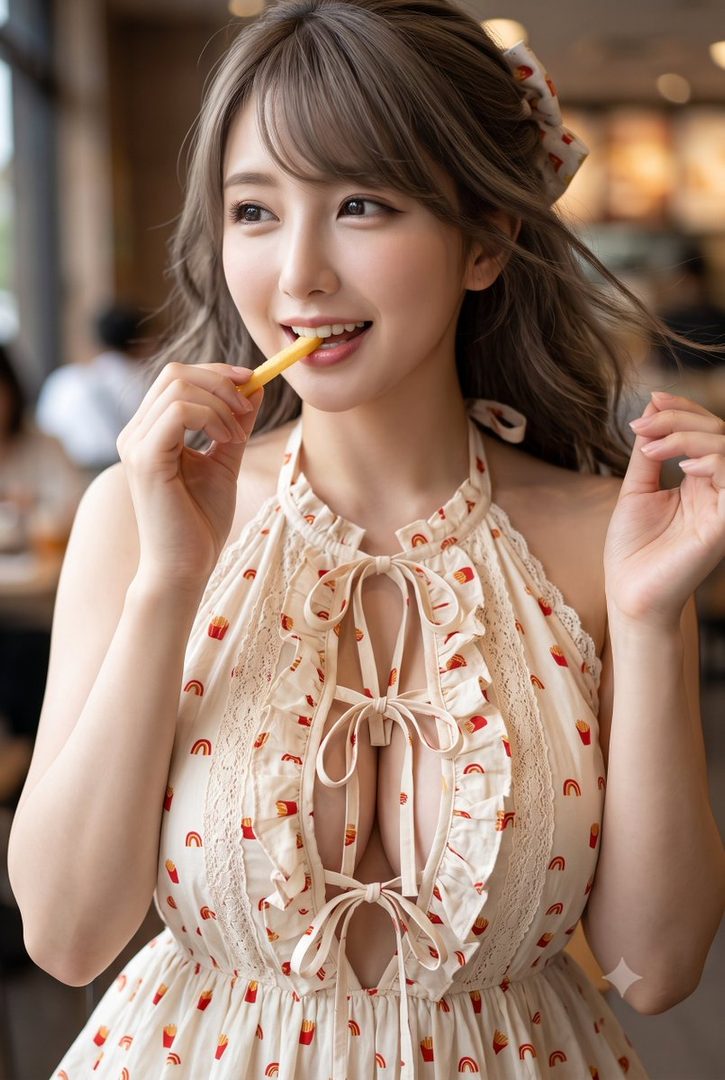 A young East Asian woman with long brown hair and bangs, wearing a cute dress with a french fry and rainbow pattern, eats a french fry in a cafe.