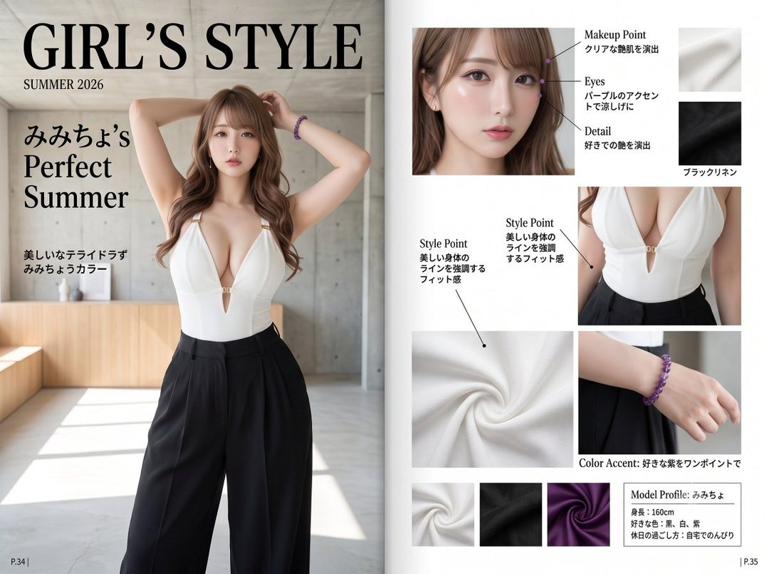 A fashion magazine spread featuring a woman in a white plunging neckline top and black wide-leg pants, with accompanying beauty and fabric detail shots.