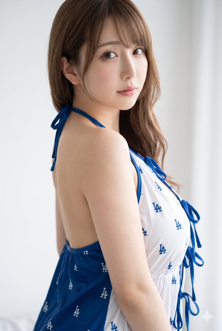 A young woman with long brown hair, wearing a white and blue patterned halter dress, poses indoors.