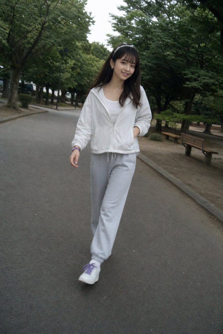 A young woman with long dark hair and bangs, wearing a white zip-up hoodie over a white tank top and grey sweatpants, walks down a paved path in a park.