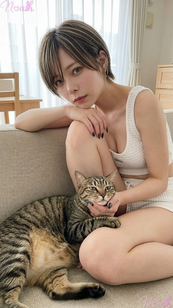 A young woman with short brown hair and a white crop top sits on a sofa, gently holding a tabby cat, with soft natural light illuminating the scene.