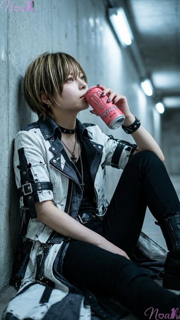A person with short, highlighted hair and a punk-style jacket sits against a concrete wall, drinking from a pink Monster Energy can.