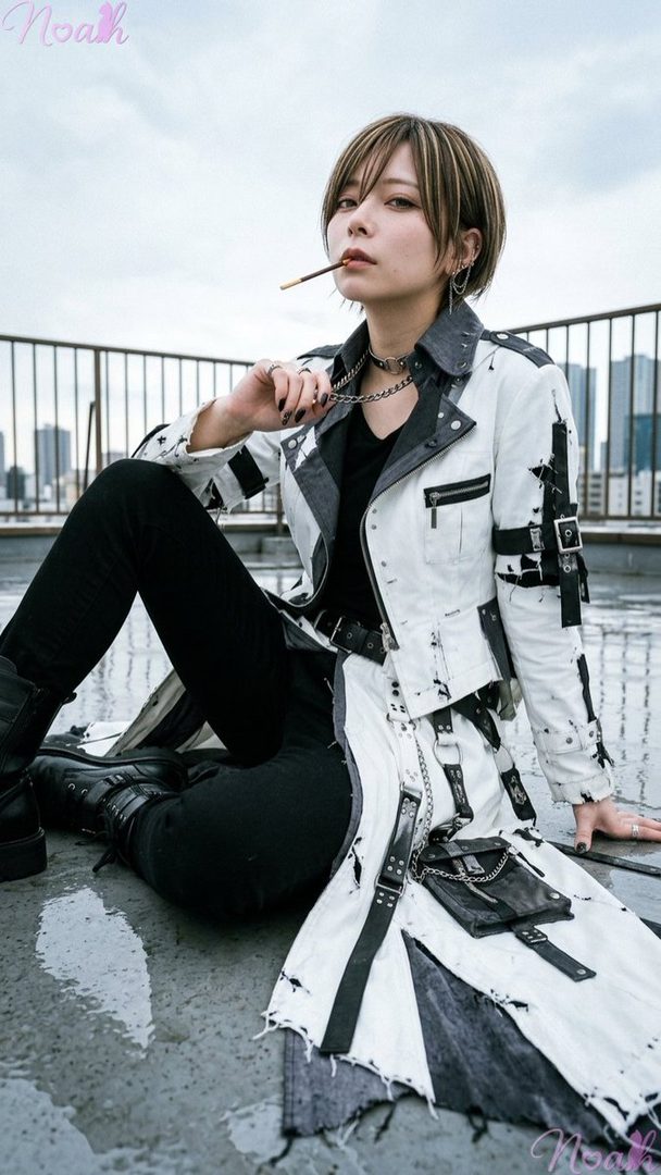 A person with short brown hair and highlights, wearing an edgy white and black distressed trench coat with chains and buckles, sits on a wet rooftop while holding a Pocky stick in their mouth, with a city skyline in the background.