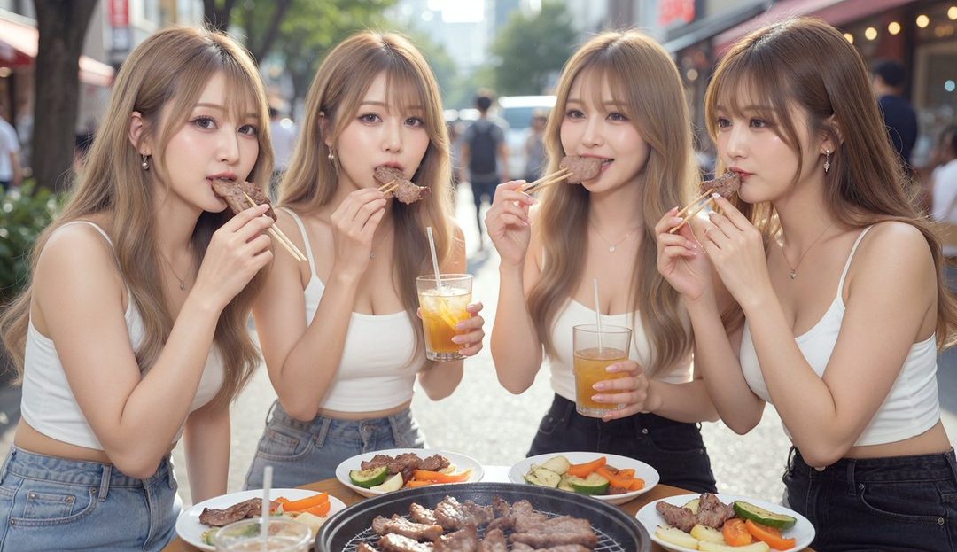 Four young women with long blonde hair eating grilled meat and vegetables outdoors.
