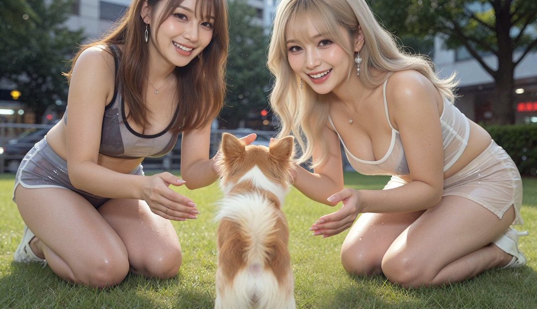 Two young women in wet swimwear kneeling on grass, playing with a small dog.