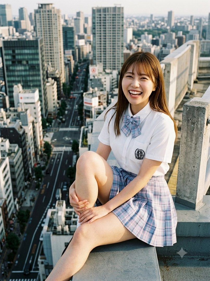 A young woman in a school uniform smiles brightly while sitting on a rooftop overlooking a city skyline.