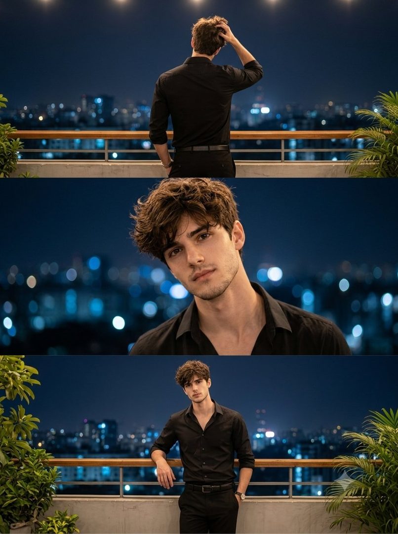 A three-panel collage of a handsome young man posing on a city rooftop at night, wearing a black shirt and trousers.