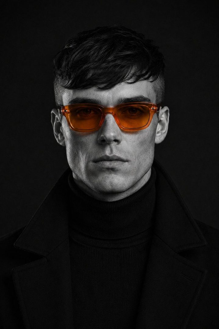 Studio portrait of a man with short dark hair wearing orange sunglasses and a black turtleneck with a black jacket.