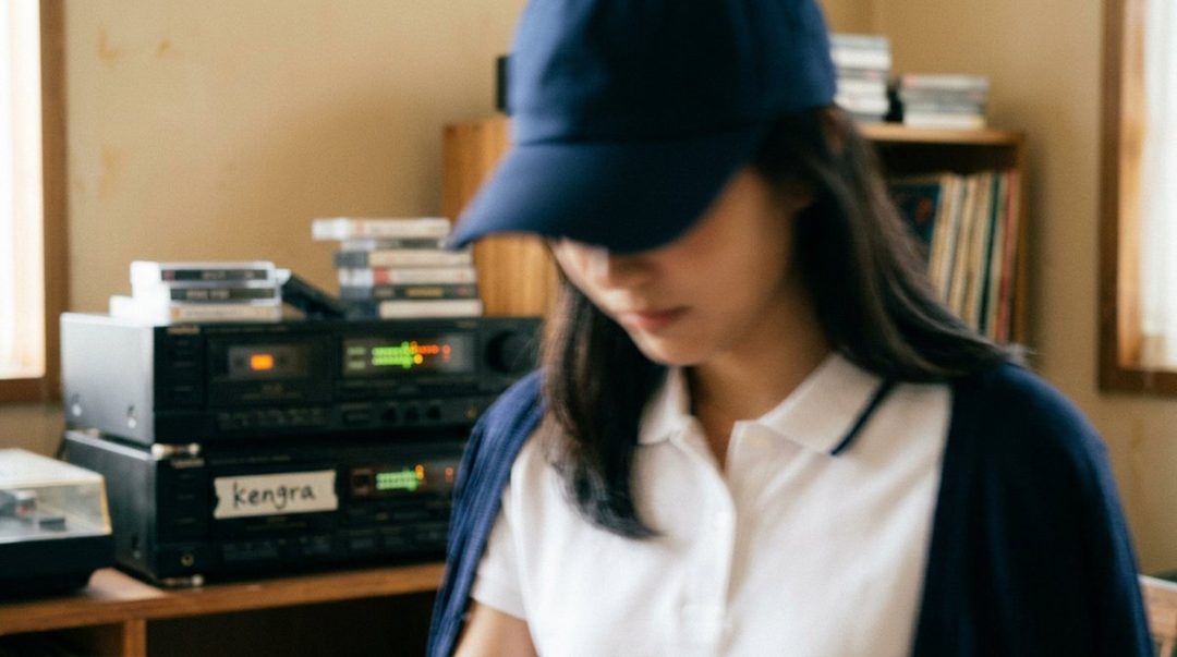 A young woman wearing a baseball cap and a white polo shirt, with a navy cardigan draped over her shoulders, sits indoors in front of audio equipment.