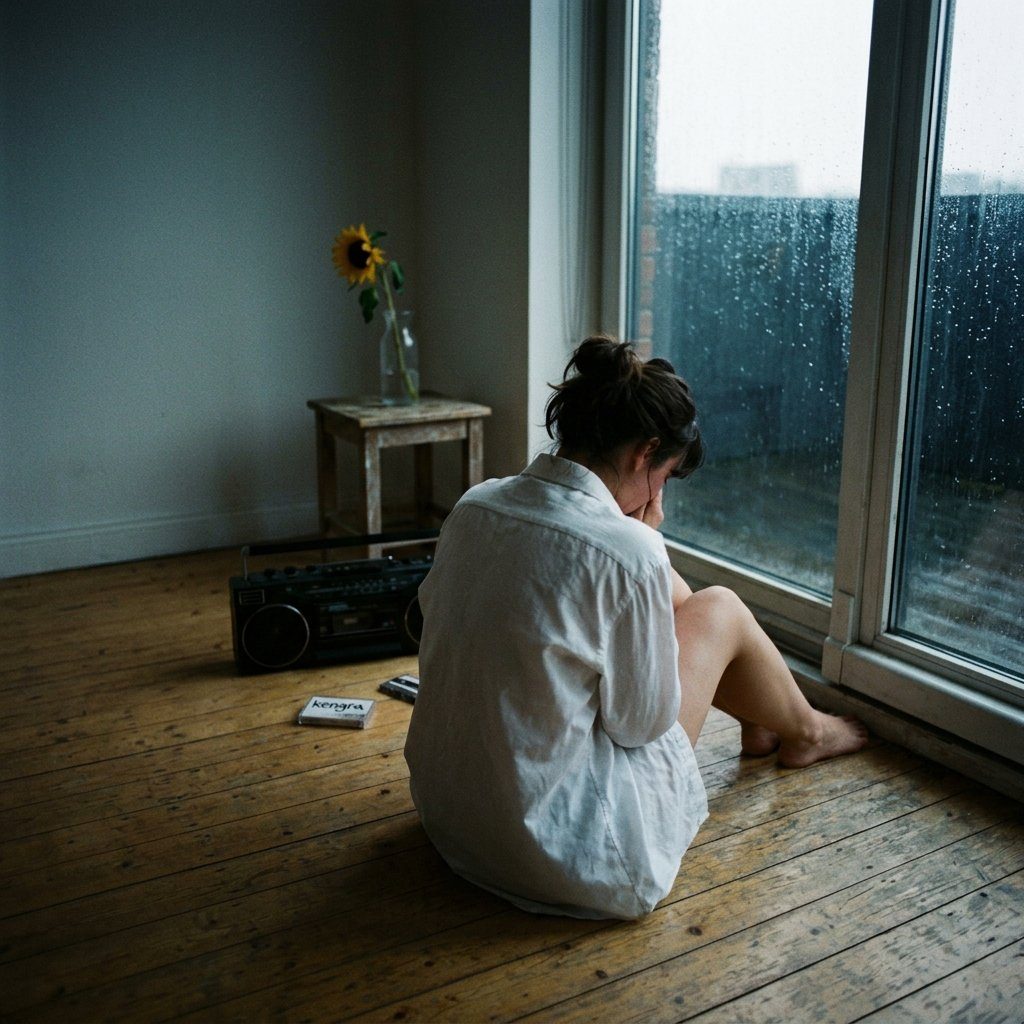 A young woman sits on the floor by a large window, looking out at the rain, with a boombox and a sunflower nearby.