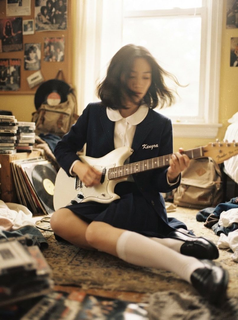 A young East Asian woman in a school uniform plays an electric guitar in a room filled with records and posters.