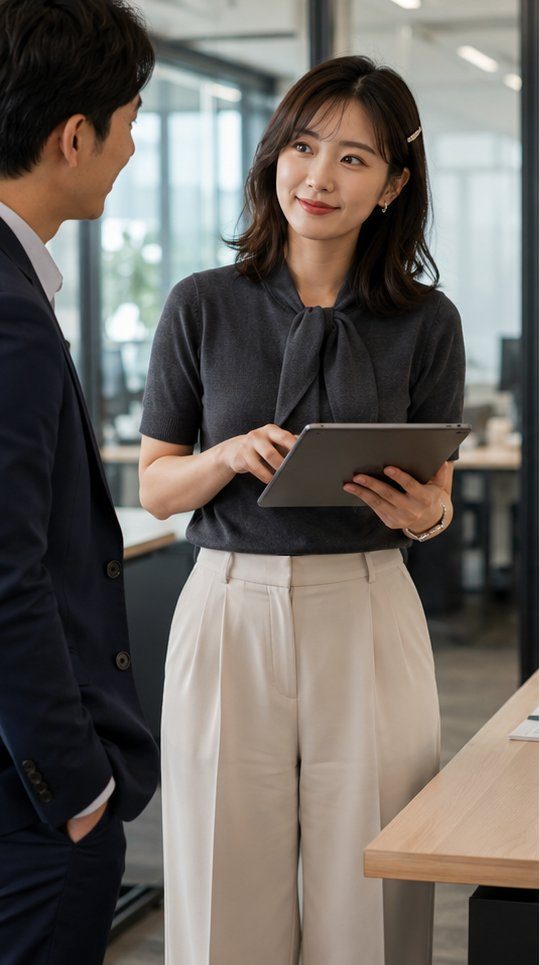 A professional woman in a charcoal bow-knit blouse and pale beige wide-leg pants smiles while holding a tablet, standing in an office setting with a male colleague.
