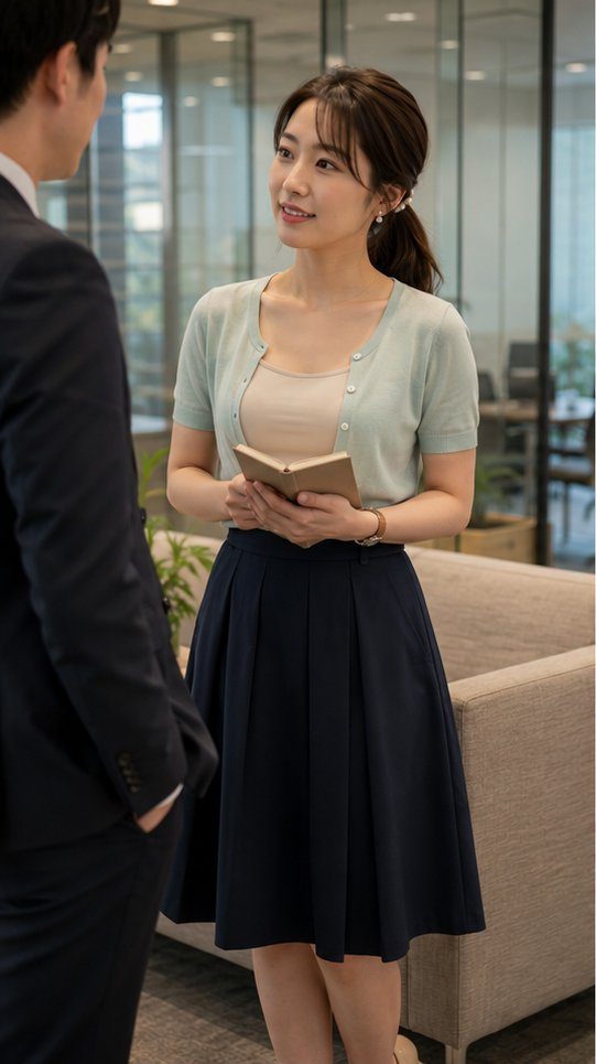 A professional woman in a light green cardigan and navy skirt holds a book while talking to a man in a suit in an office setting.