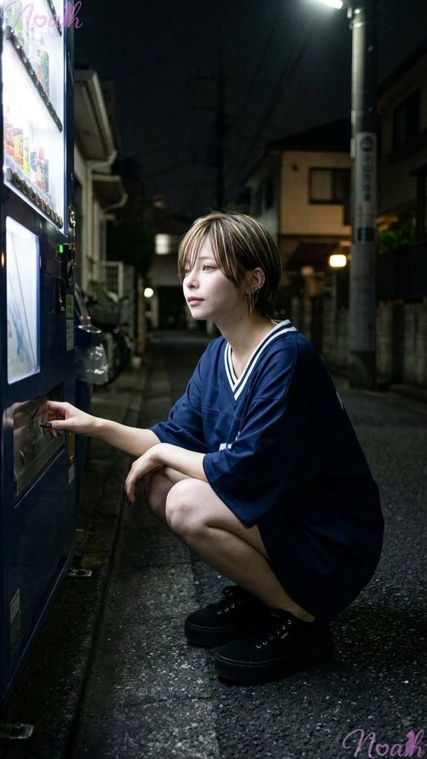 A person with short blonde-highlighted hair crouches down to use a vending machine on a dimly lit urban street at night, wearing an oversized navy t-shirt dress and black platform sneakers.