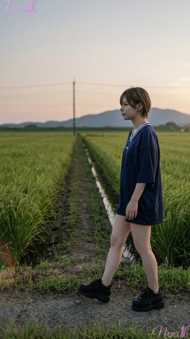 Young woman in a navy sailor uniform walking along a path through lush green rice fields at sunset.