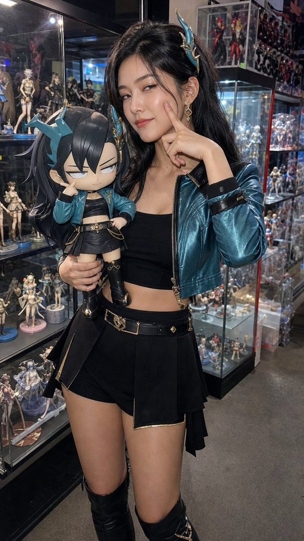 A young East Asian woman in a teal jacket and black skirt poses playfully, holding a chibi-style doll that matches her outfit, in a store filled with display cases of figures.