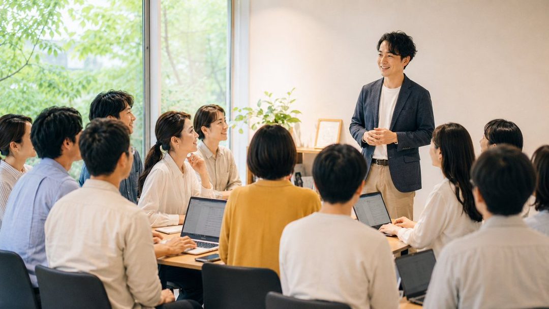 A group of East Asian professionals are attending a seminar in a bright, modern office, with a male speaker presenting at the front.