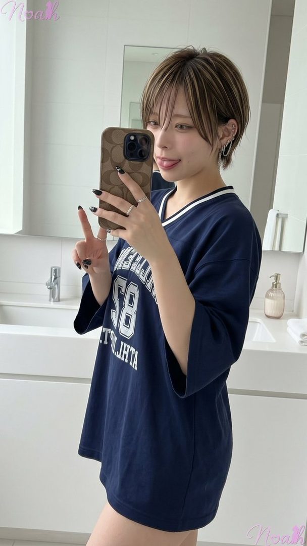 A young woman with short brown hair and highlights takes a mirror selfie in a bathroom, wearing an oversized navy blue t-shirt and making a peace sign with her hand while sticking out her tongue playfully.