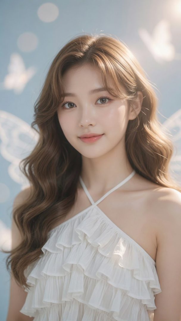 A beautiful young East Asian woman with long wavy brown hair, wearing a white ruffled halter-neck top, posing in a soft blue studio with butterfly wing decorations.