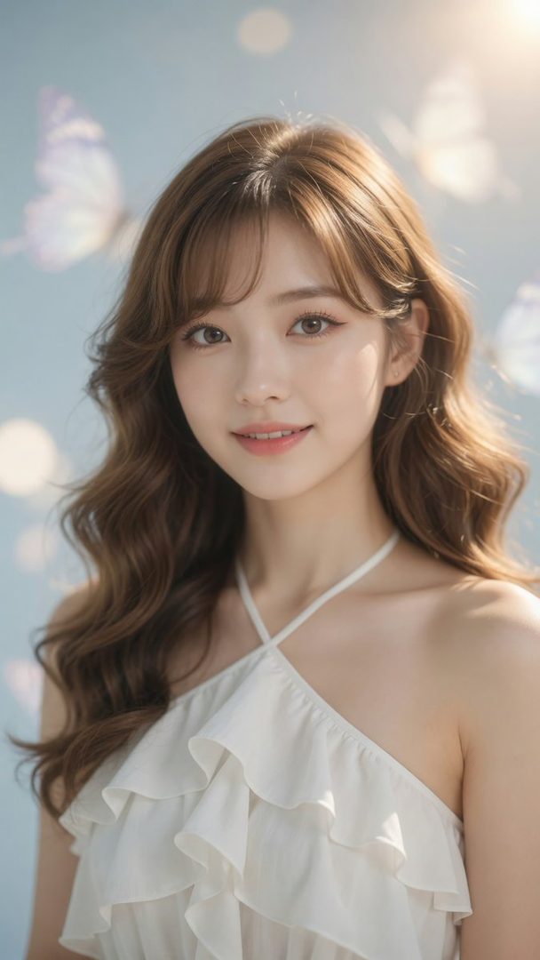 A beautiful young East Asian woman with long wavy brown hair and a white ruffled halter top, posing in a soft studio setting with butterfly motifs.