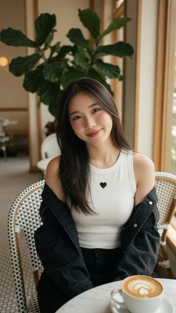 Photorealistic portrait of a beautiful East Asian woman with long dark hair, wearing a white tank top and black denim jacket, sitting in a cafe with a latte.