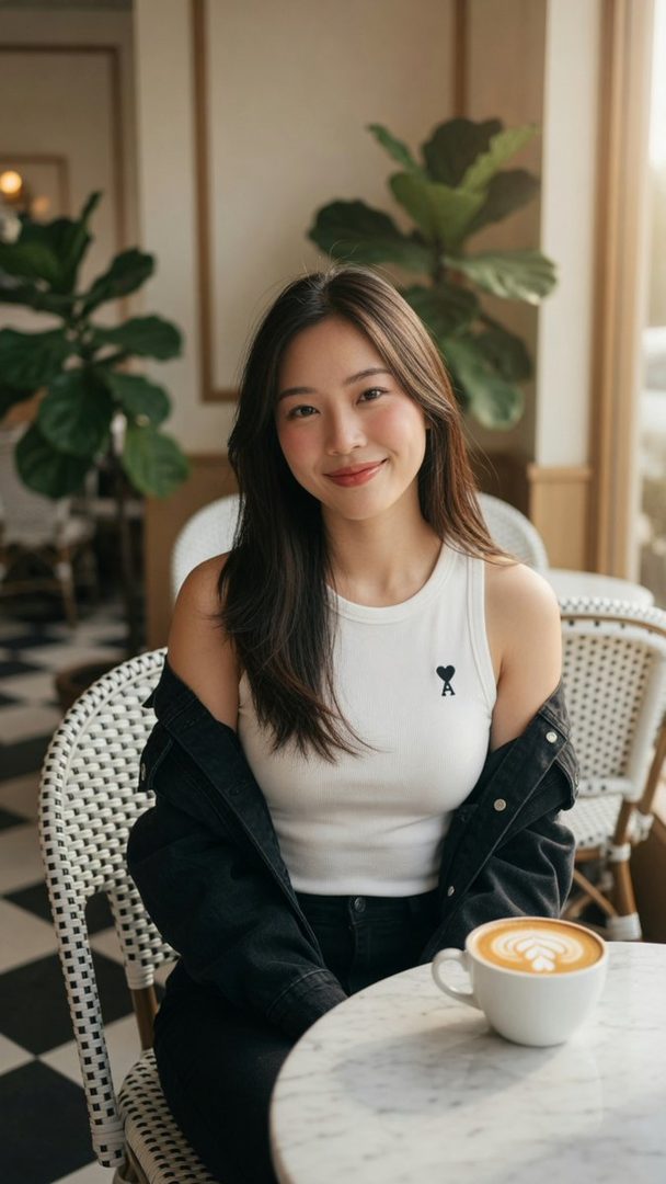 A beautiful East Asian woman with long dark brown hair smiles gently while sitting at a cafe table with a cup of coffee.