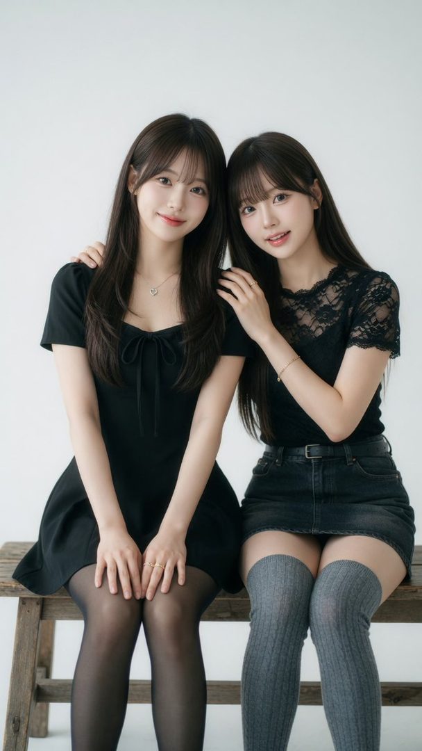Two young Korean women in black outfits posing together in a studio.