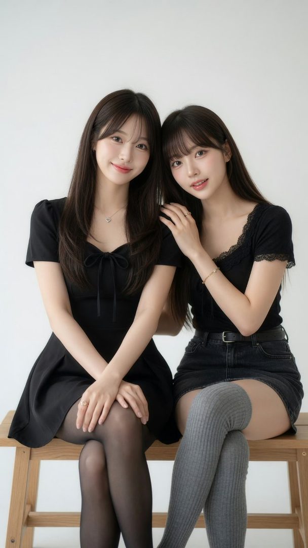 Two young Korean women in black outfits posing in a studio.