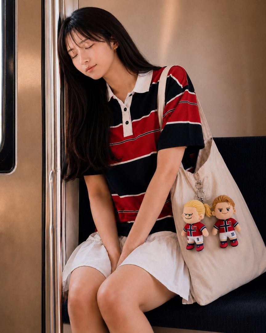 A young woman with long black hair sleeps on a train, leaning against the window, wearing a striped polo shirt and a white skirt.