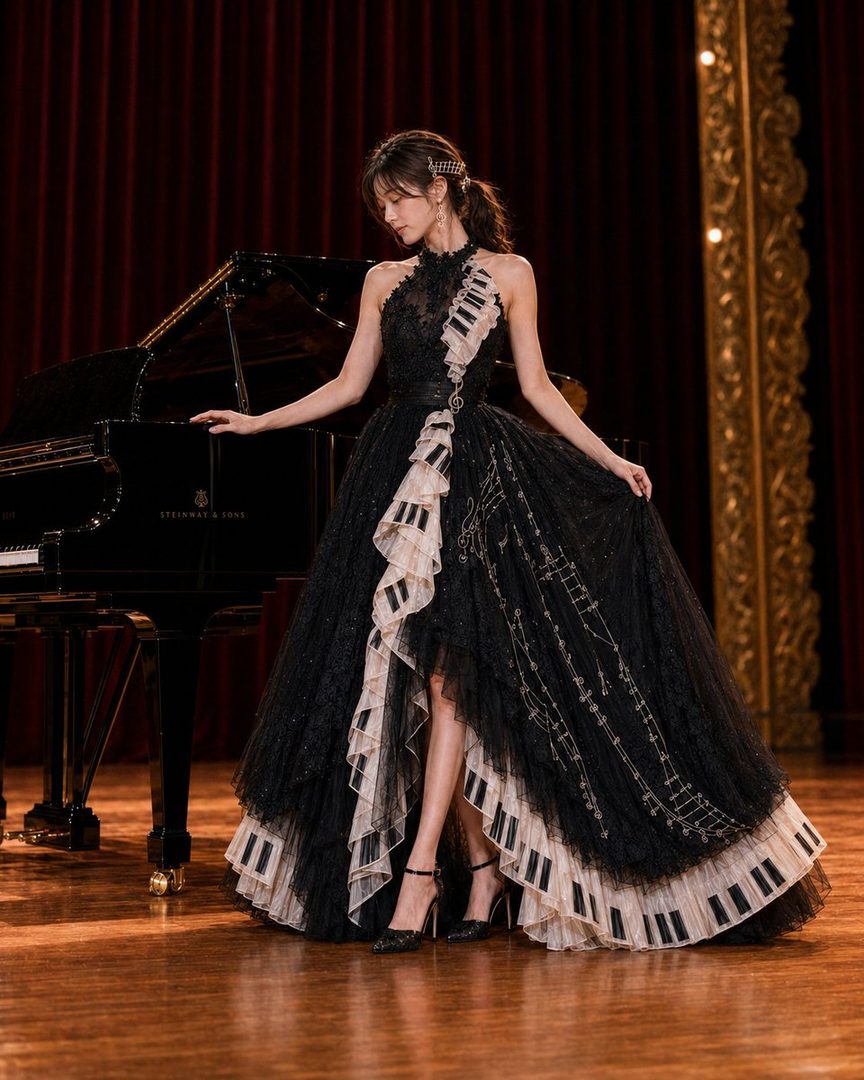 A woman in a black, floor-length gown adorned with musical notes and piano keys stands next to a grand piano on a stage.