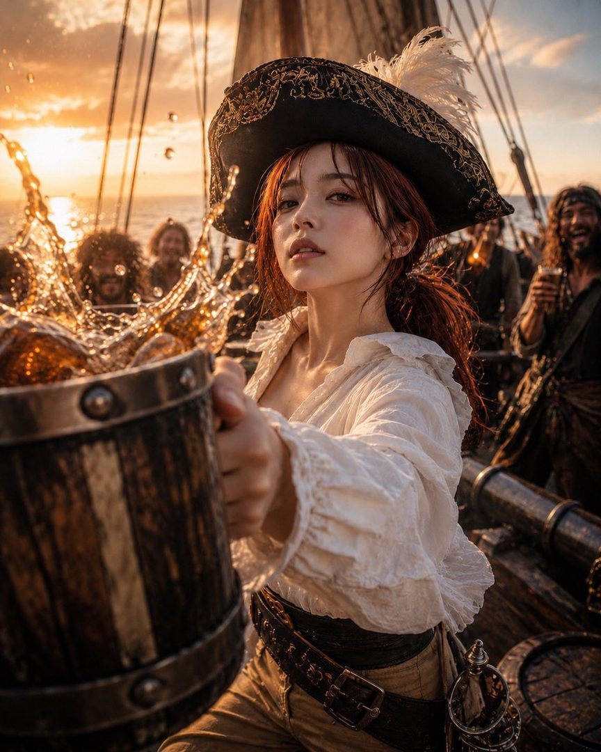 A young woman dressed as a pirate captain, holding a frothing mug of ale on a ship at sunset.