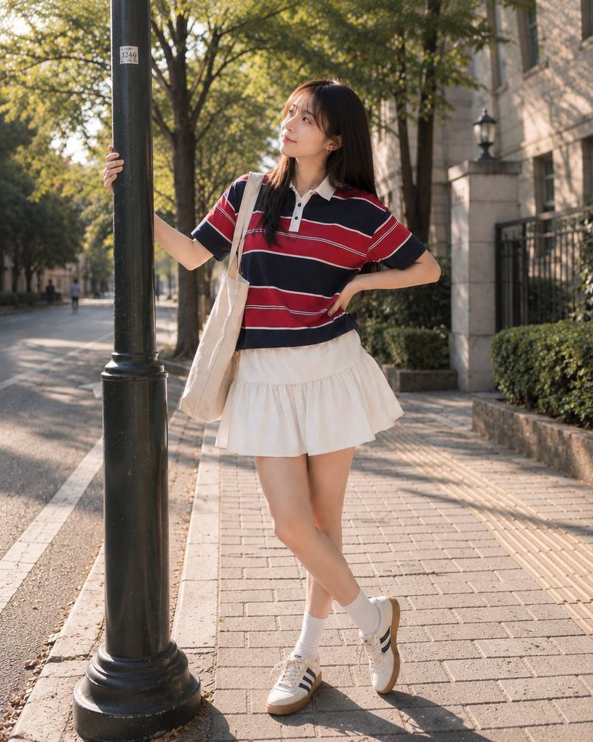 A young woman with long dark hair stands outdoors, wearing a striped polo shirt and a white ruffled skirt, holding onto a lamppost.
