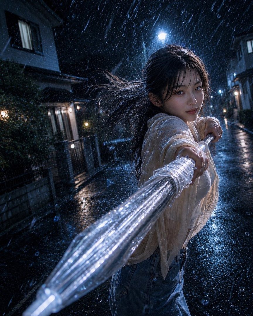 A young woman with black hair in a ponytail holds a transparent umbrella in the pouring rain at night on a street with houses.