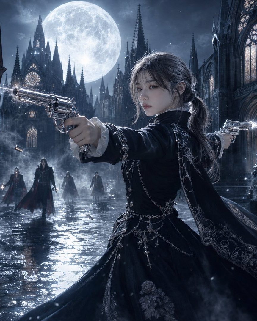 A woman in a dark, ornate dress holds two silver revolvers, standing in a gothic setting under a full moon with other figures in the background.
