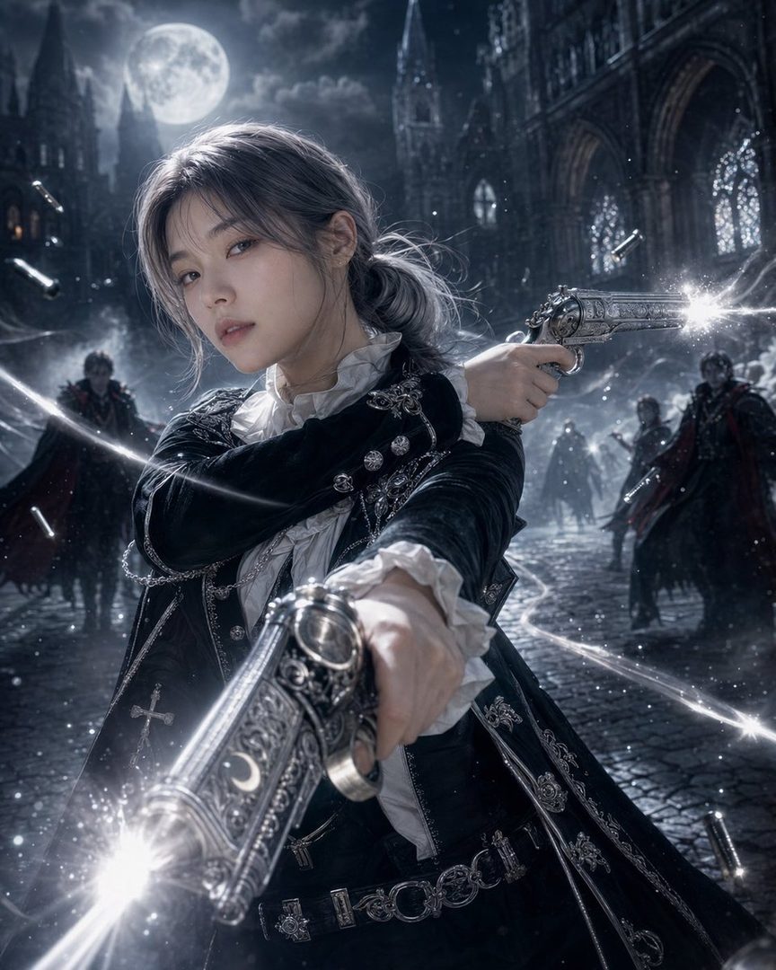A young woman with silver hair tied in a ponytail, dressed in a dark, ornate coat, holds two steampunk-style revolvers, firing them in a dramatic, moonlit scene with gothic architecture and shadowy figures in the background.