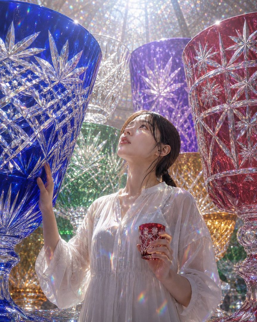 A young woman in a white dress holds a red glass, surrounded by large, colorful cut glass vases, with light refracting through them.