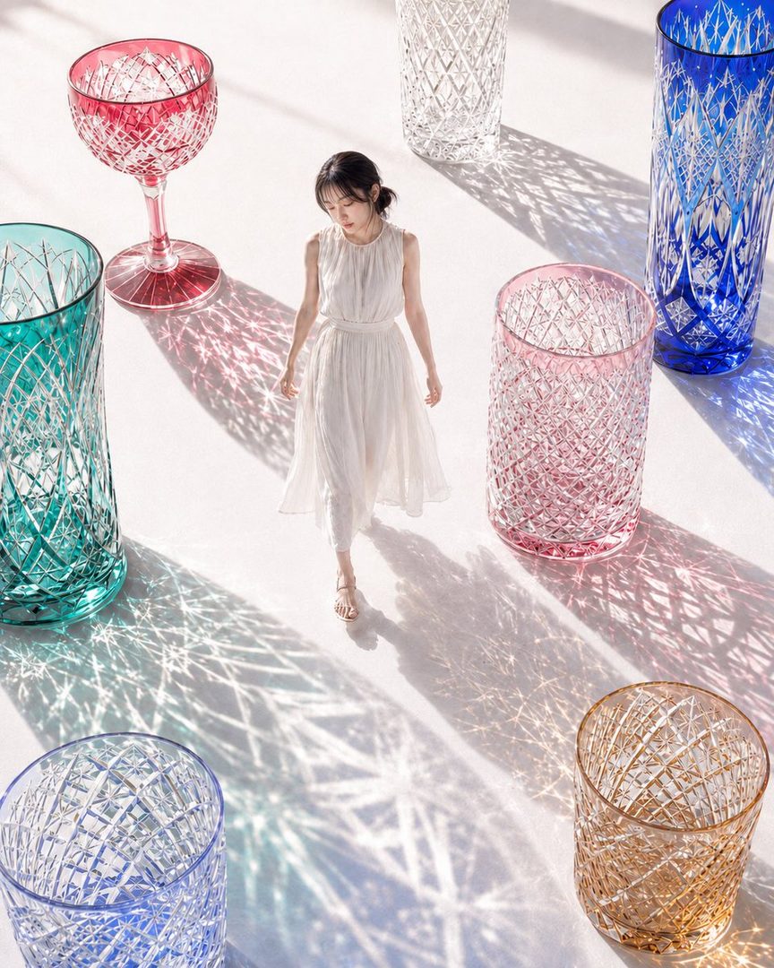 A young woman in a white dress walks among colorful crystal glasses, with light casting intricate patterns on the white surface.