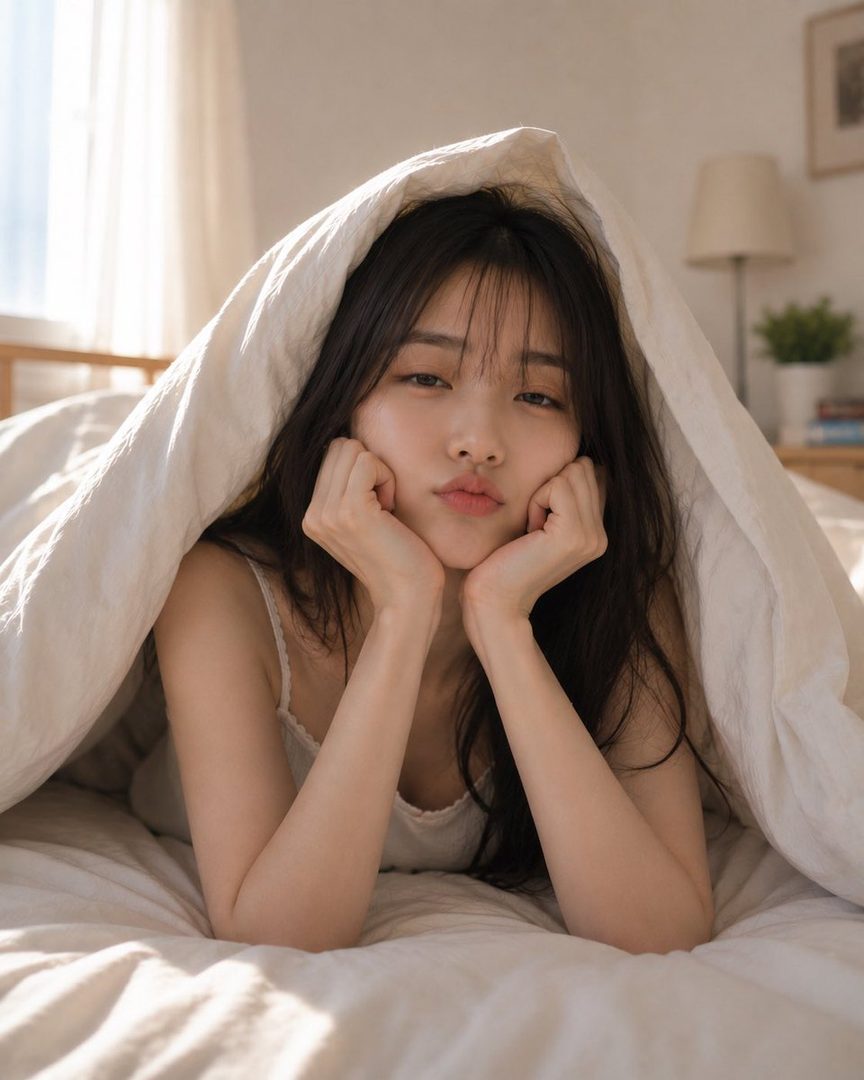 A young woman with long black hair peeks out from under a white duvet in a bedroom, resting her chin on her hands.